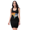 black fitted dress with colorful Pernambuco flag