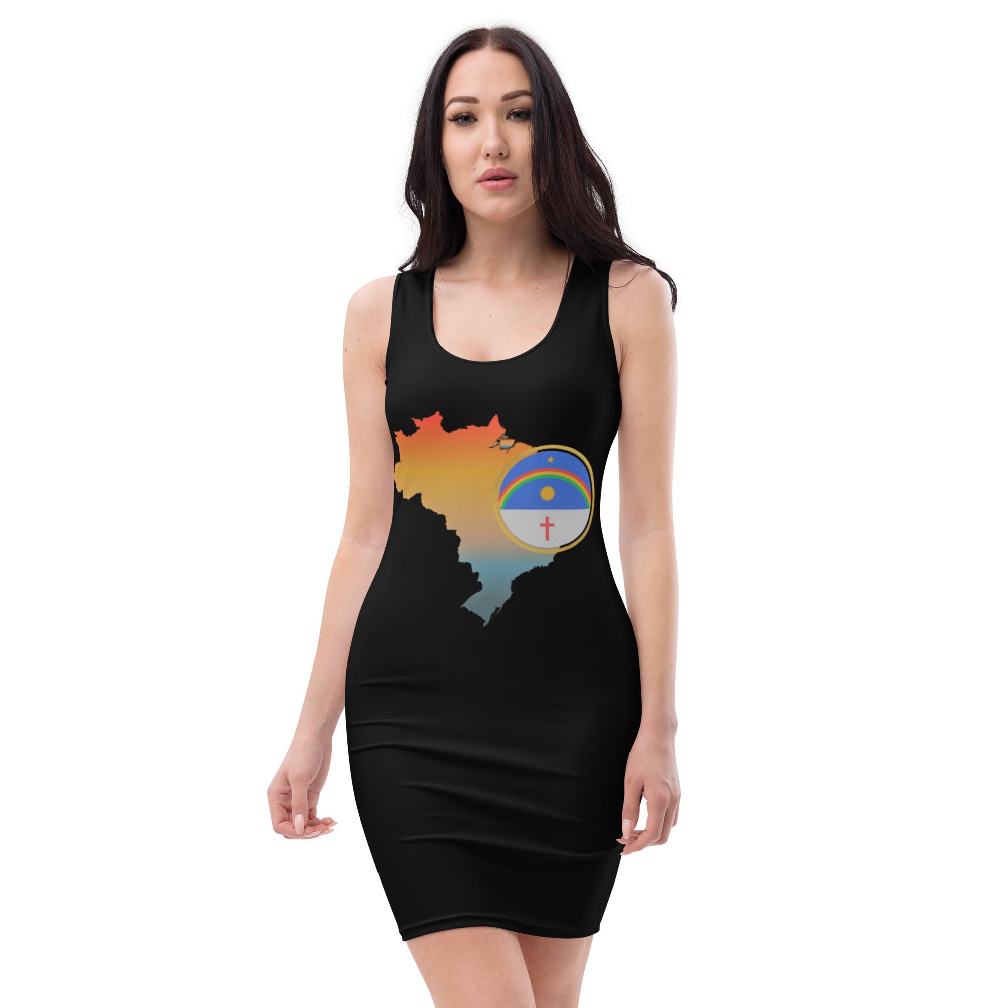 black fitted dress with colorful Pernambuco flag